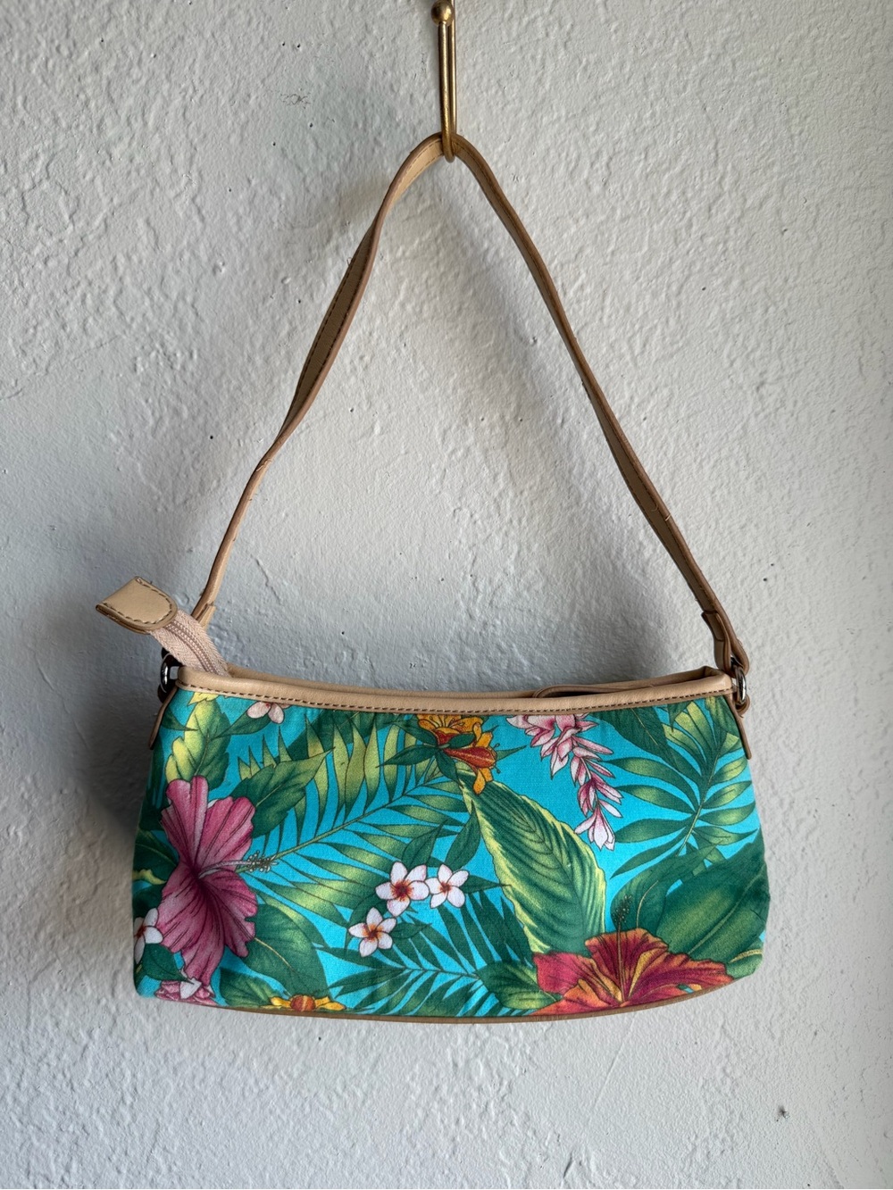 Tropical Floral Shoulder Bag in Teal with Tan Trim by Relic